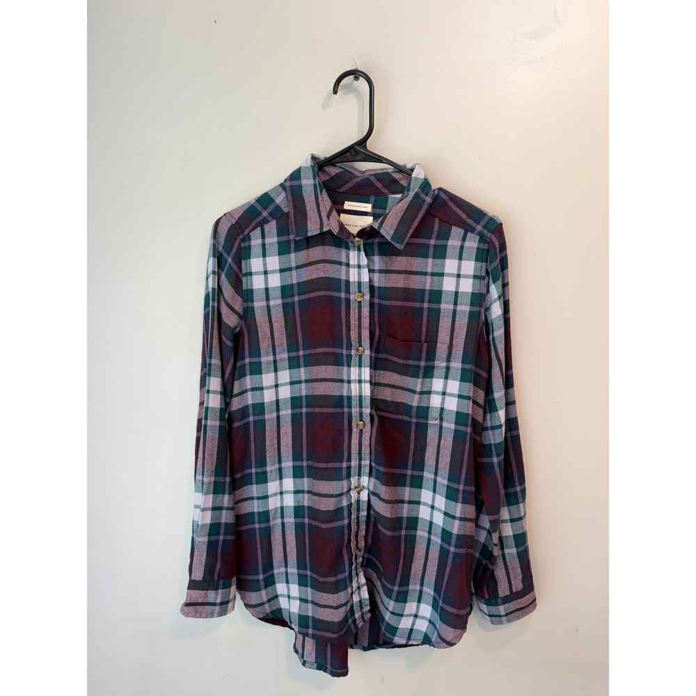 American Eagle Boyfriend Fit Plaid Flannel Shirt Burgundy Green Small